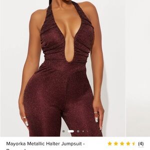 Metallic Halter Plunging Jumpsuit in Wine